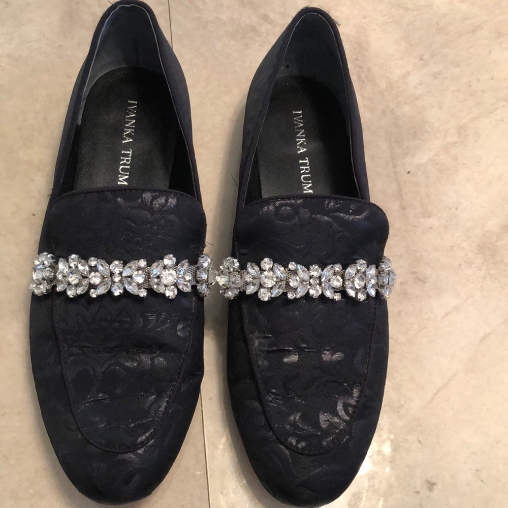 Ivanka Trump black brocade loafers with rhinestone embellishment. Sz 8